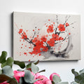 Framed canvas print of abstract ink wash cherry blossoms in vibrant red and black