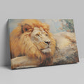 Framed canvas print of a realistic African lion resting, with warm colour tones and detailed texture