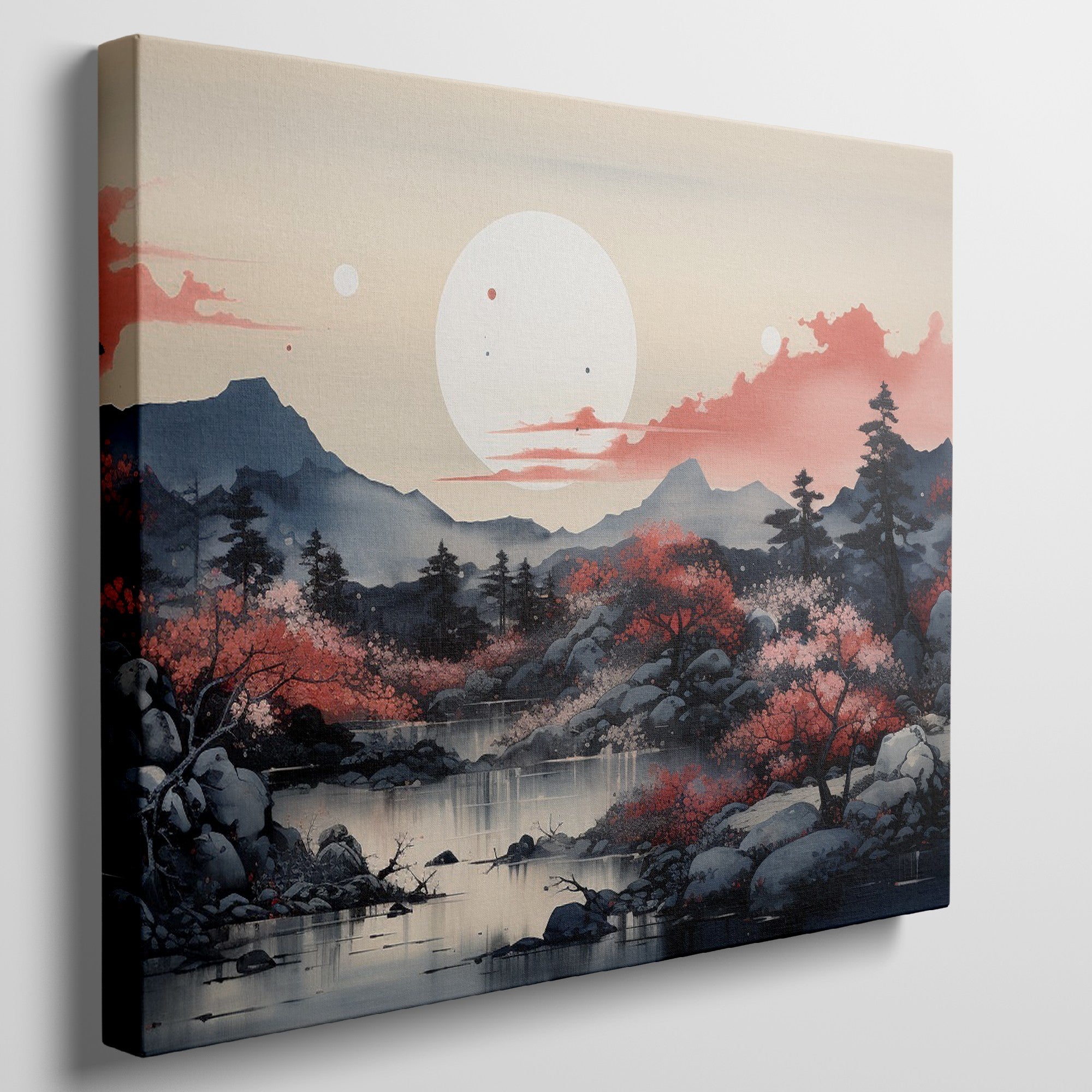 Framed canvas print of oriental autumn landscape with red sakura trees and mountain view