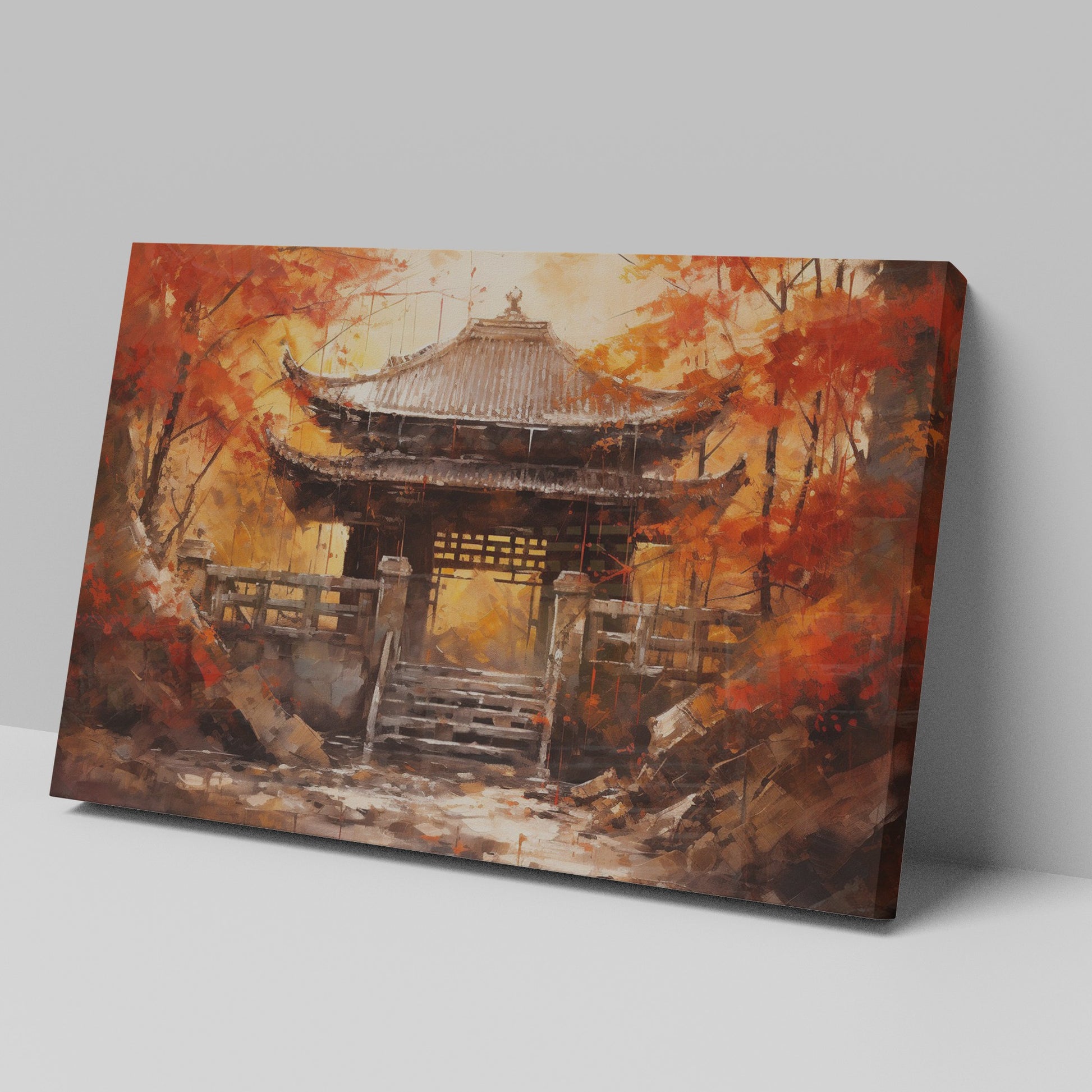 Canvas art of a traditional Asian temple surrounded by red and orange autumn leaves