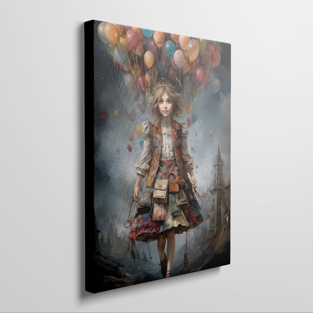 Framed canvas print of a whimsical girl floating with colourful balloons against a mystical city backdrop