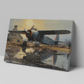 Framed canvas print of vintage airplane with warm sunset reflection on airfield