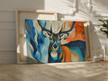 Framed canvas print of an abstract deer with vibrant colours