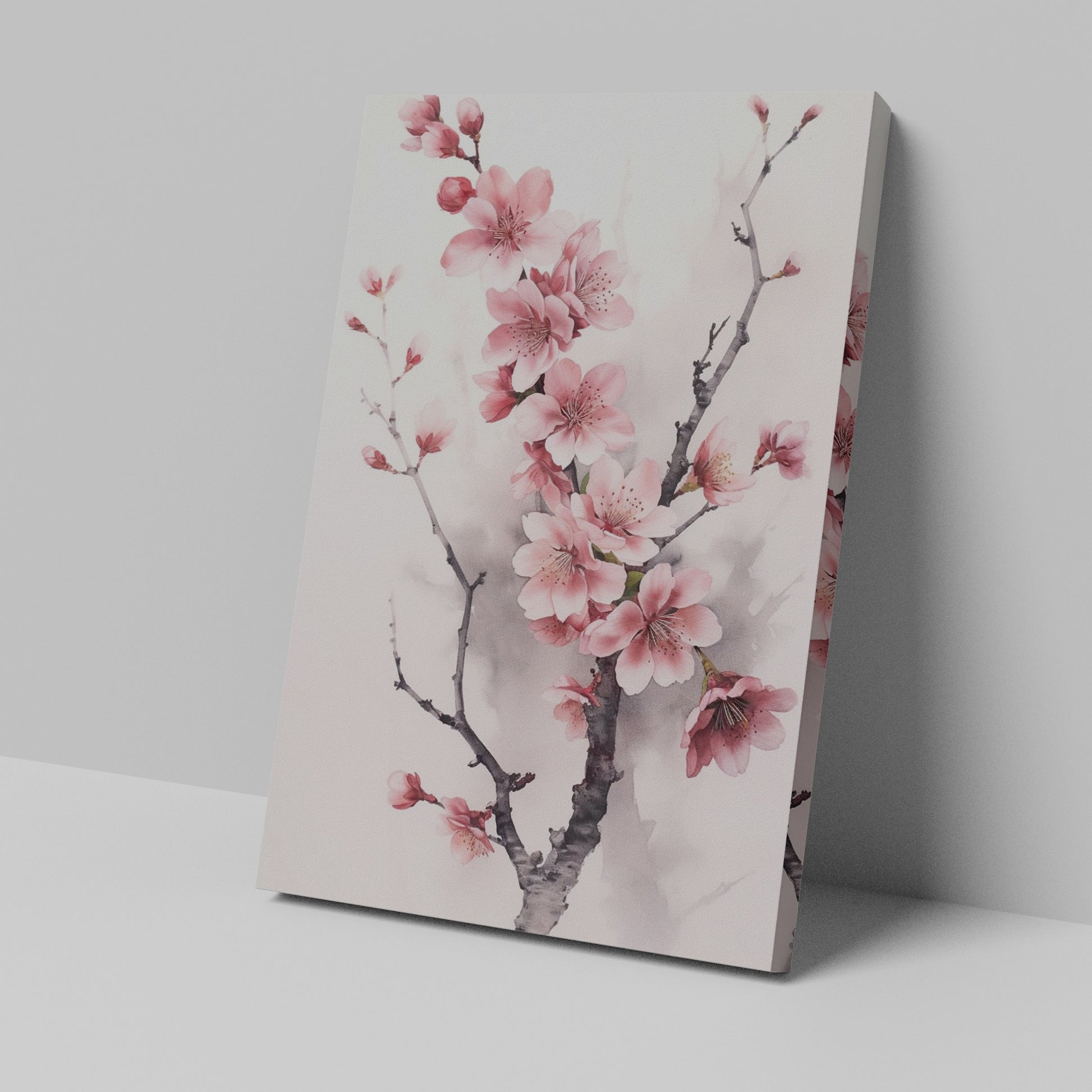 Framed canvas print of a delicate cherry blossom watercolour painting in soft pink hues