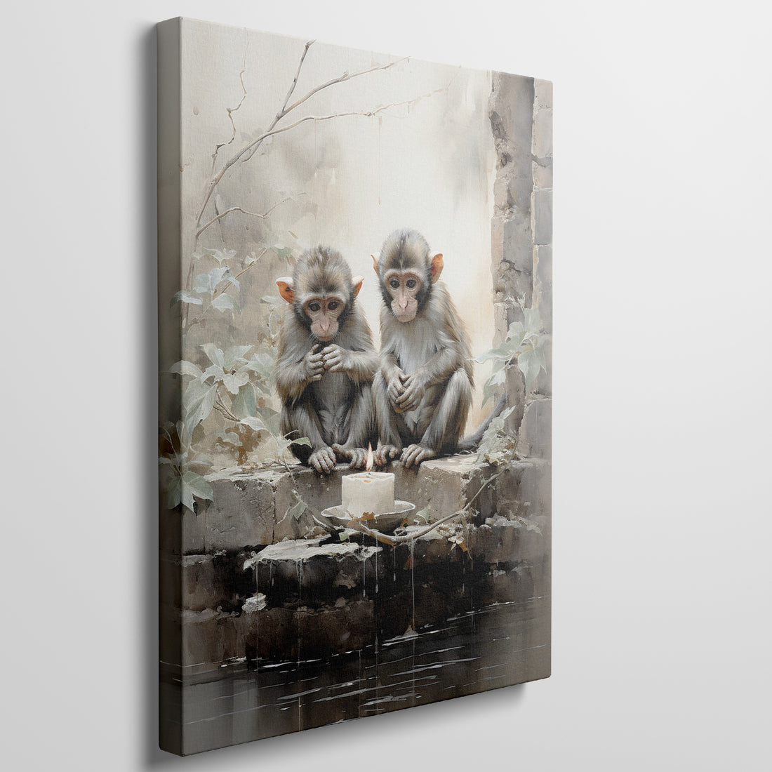 Framed canvas print of two monkeys contemplating over a birthday cake on a rustic backdrop