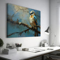 Framed canvas print of a vibrant impressionistic blue bird on a branch with a textured background