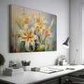 Framed canvas print of impressionist style lilies with soft pastel hues