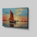 Impressionist style painting of a sailboat with a red sail on calm waters at sunset with vibrant blue and orange sky