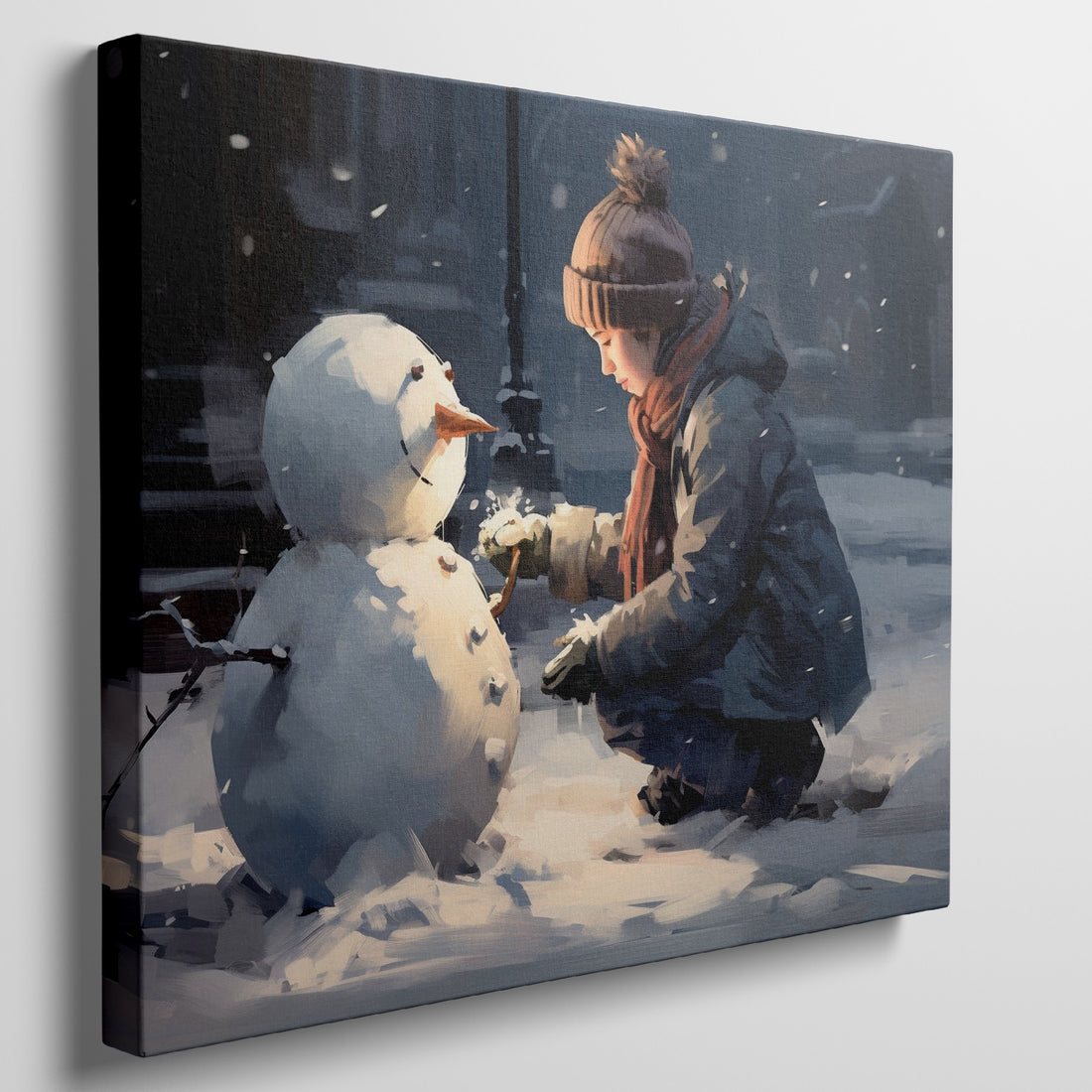 Framed canvas print of a child building a snowman on a snowy city evening