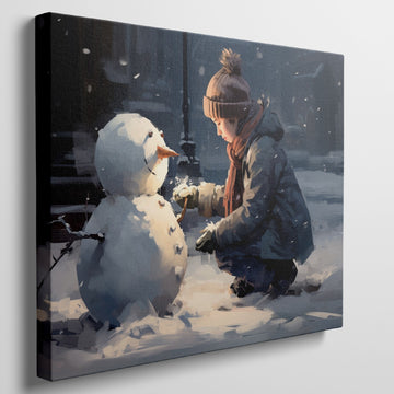 Framed canvas print of a child building a snowman on a snowy city evening