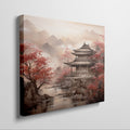 Framed canvas print of Oriental Asian Pagoda scene with Cherry Blossoms and misty mountain backdrop