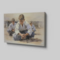 Framed canvas print of young karate students practicing in a dojo setting with warm neutral tones