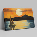 Geometric style painting of a sailboat at sunset with mountains and reflections in the water