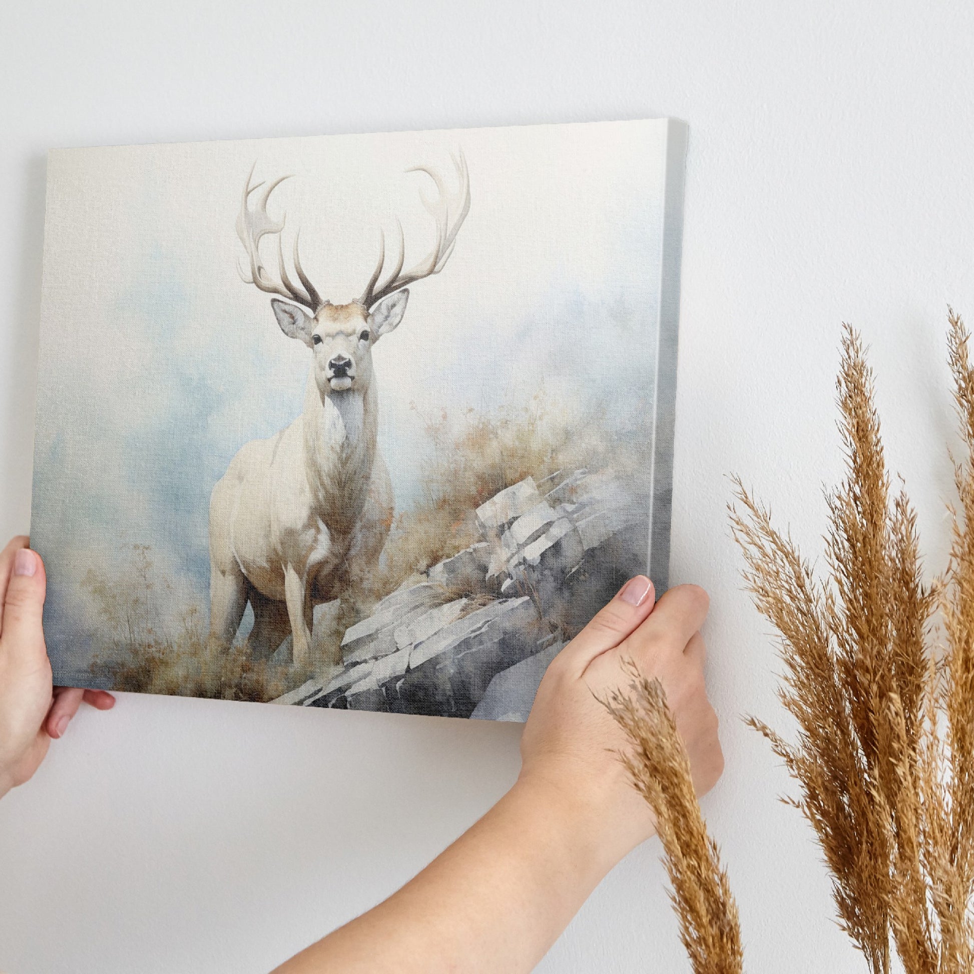 Framed canvas print of a majestic stag in a misty, ethereal forest landscape