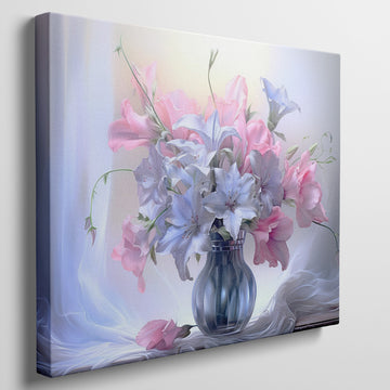 Framed canvas print of a realistic floral still life with pastel pink and blue flowers in a vase