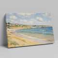 Framed canvas print of Impressionist seascape featuring a sunlit British coastline with blue waters and sandy beach