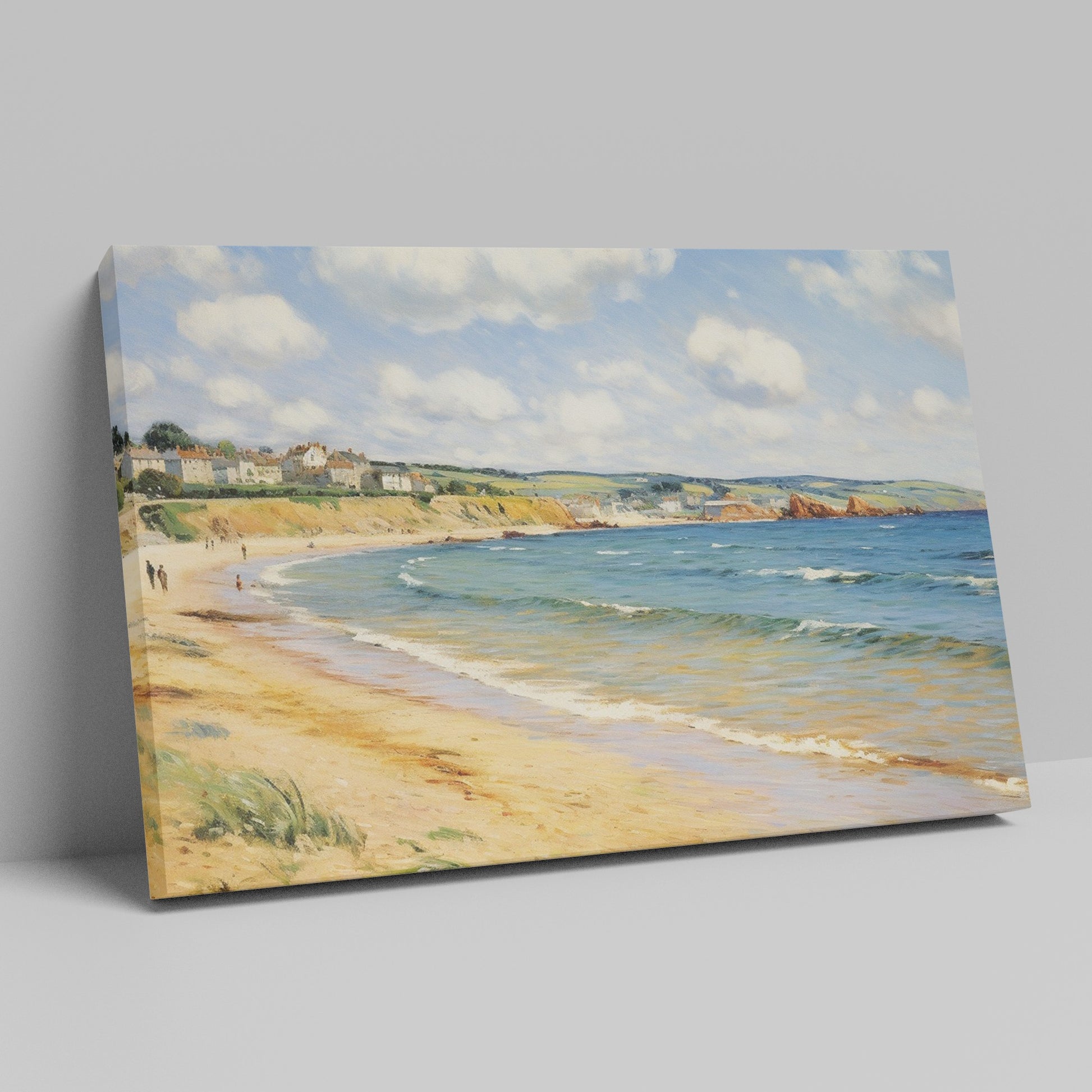 Framed canvas print of Impressionist seascape featuring a sunlit British coastline with blue waters and sandy beach