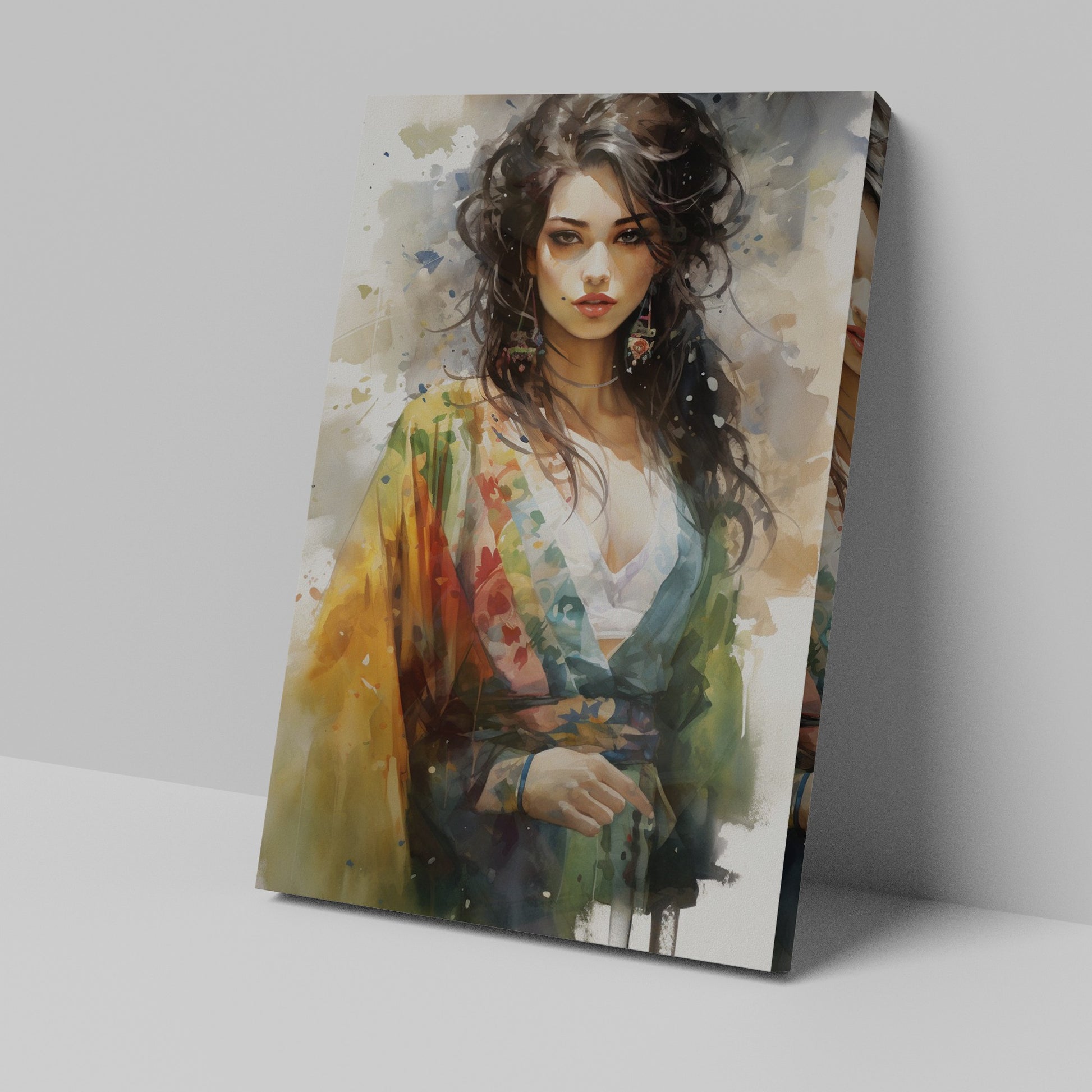 Framed canvas print of a vibrant, watercolour portrait of an elegant woman with colourful attire