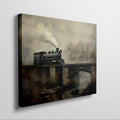 Framed canvas print of a vintage steam locomotive crossing a bridge amidst fog and autumnal trees