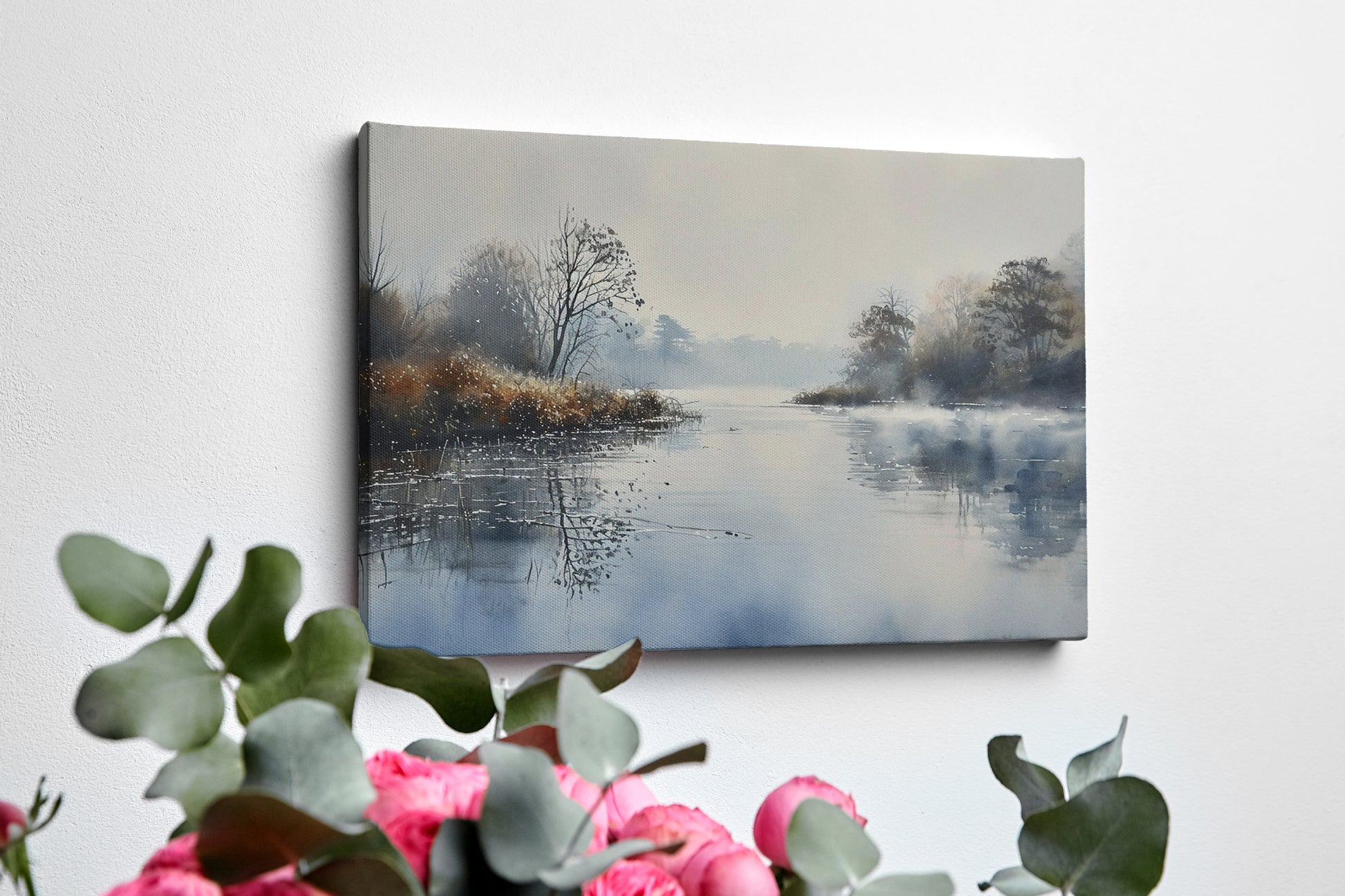 Framed canvas print of a misty river landscape with water reflections in cool tones