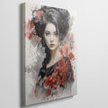 Framed canvas print of a stylised portrait of a woman with red poppies and monochrome elements