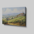 Framed canvas print of a sunny Tuscan landscape with vineyards and rustic houses