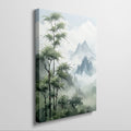 Framed canvas print of a misty bamboo forest with mountain peaks in the background