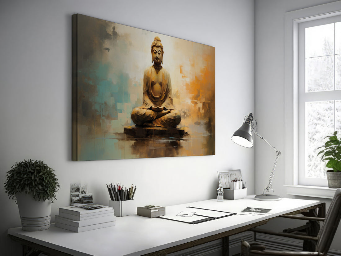 Framed canvas print of a modern abstract Buddha in meditation with warm golden and brown tones