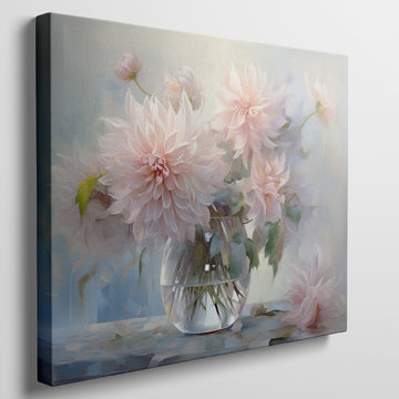 Framed canvas print of delicate dahlias in a glass vase with a soft pastel palette