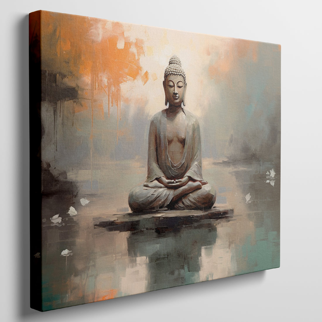 Framed canvas print of serene Buddha in meditative pose with abstract orange and blue background