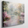 Framed canvas print of a serene impressionistic painting featuring a lake, azalea blooms, and a reflection of trees