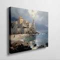 Framed canvas print of a Mediterranean coastal scene with historic buildings and calm blue waters