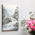 Framed canvas print of traditional Asian landscape with mountain stream and misty forest