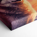 Framed canvas print of a majestic wolf against a vibrant sunset background in fiery tones