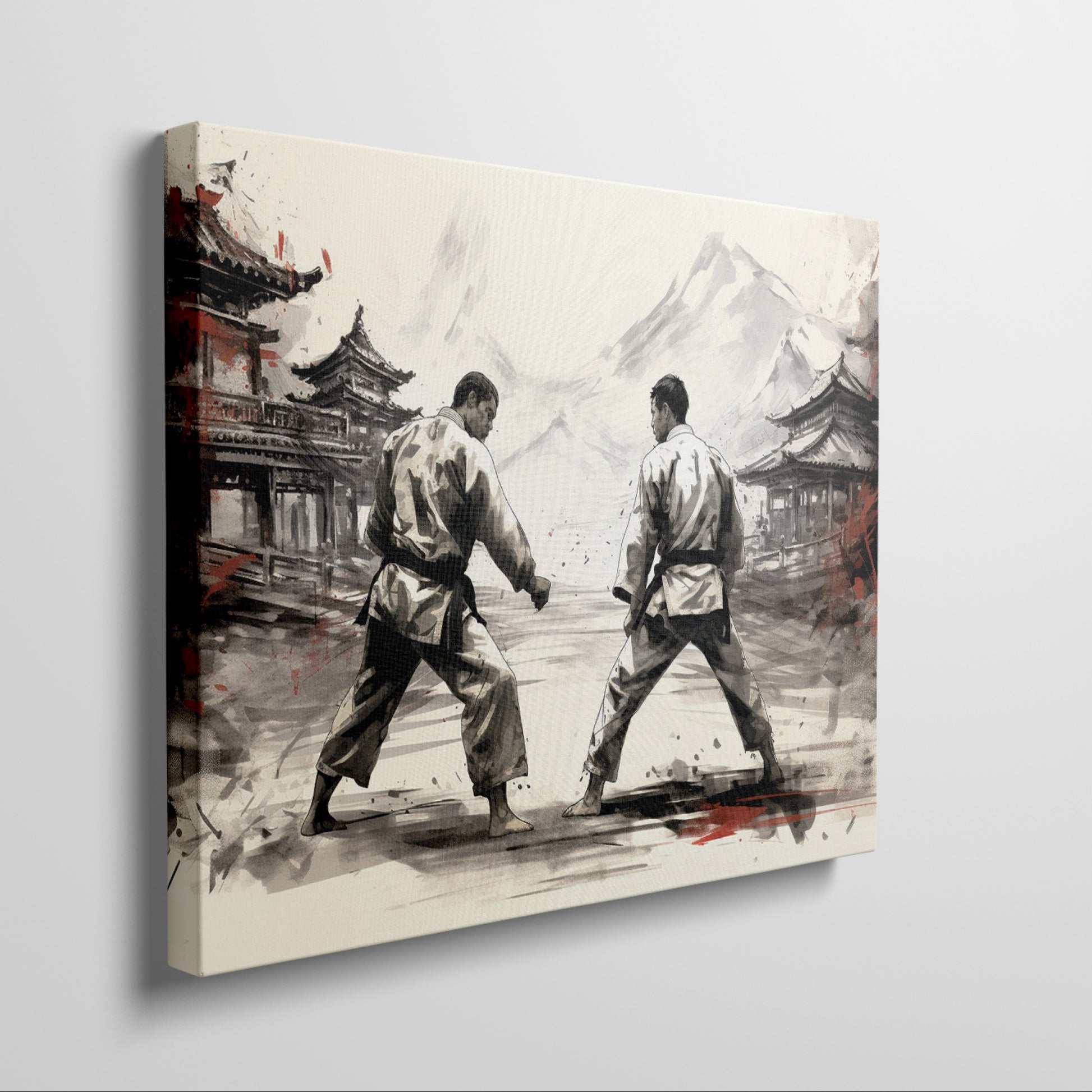 Framed canvas print depicting two karate practitioners in a traditional dojo with red accents