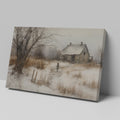 Framed canvas print of a rustic winter scene with a country home and an individual walking by