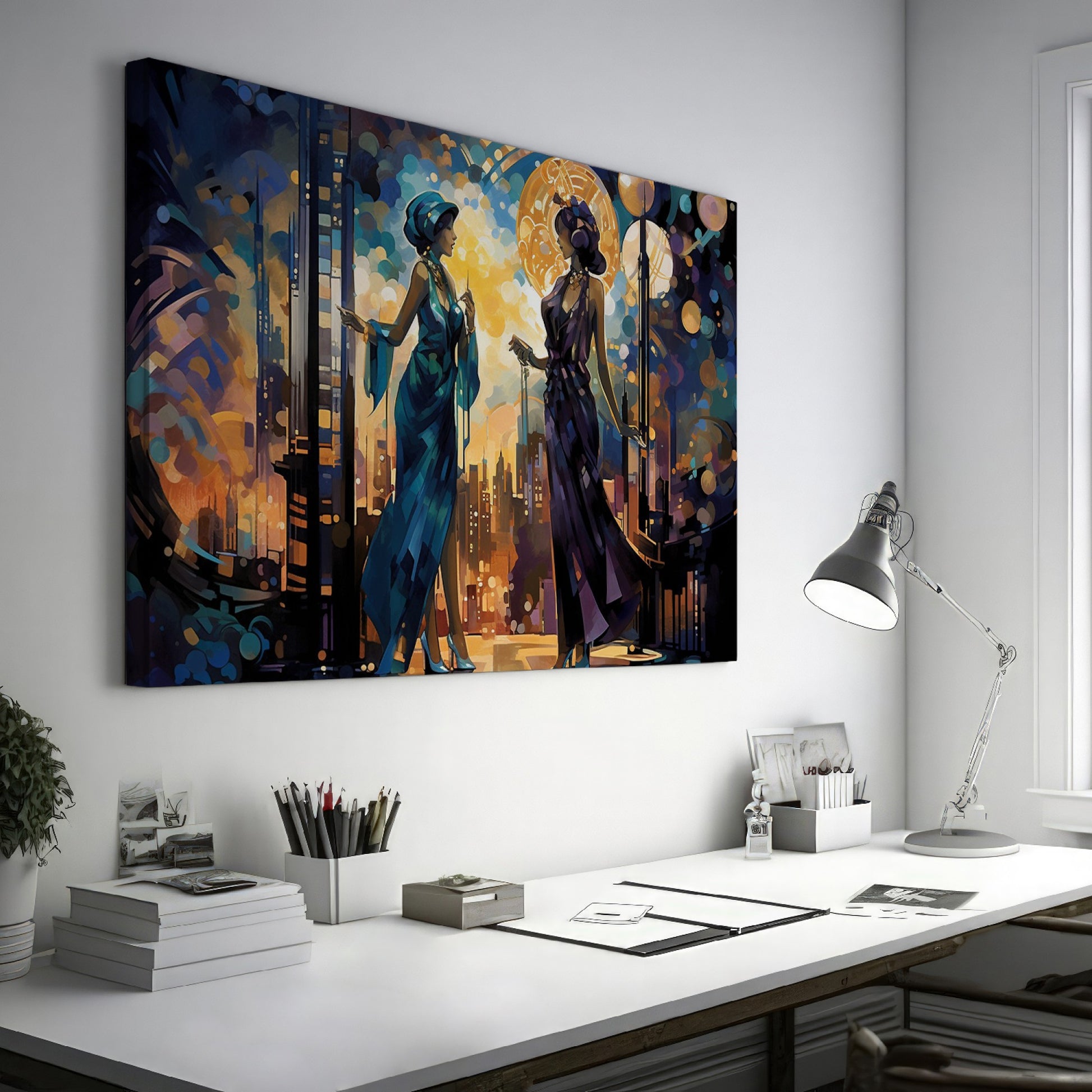 Art Deco-inspired artwork featuring two elegant figures in an urban sunset cityscape