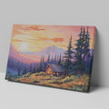 Framed canvas print of a colorful rustic cabin at sunset with vibrant sky and mountain background