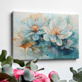 Framed canvas print of abstract watercolor lotus flowers with vibrant aquamarine and earth tones