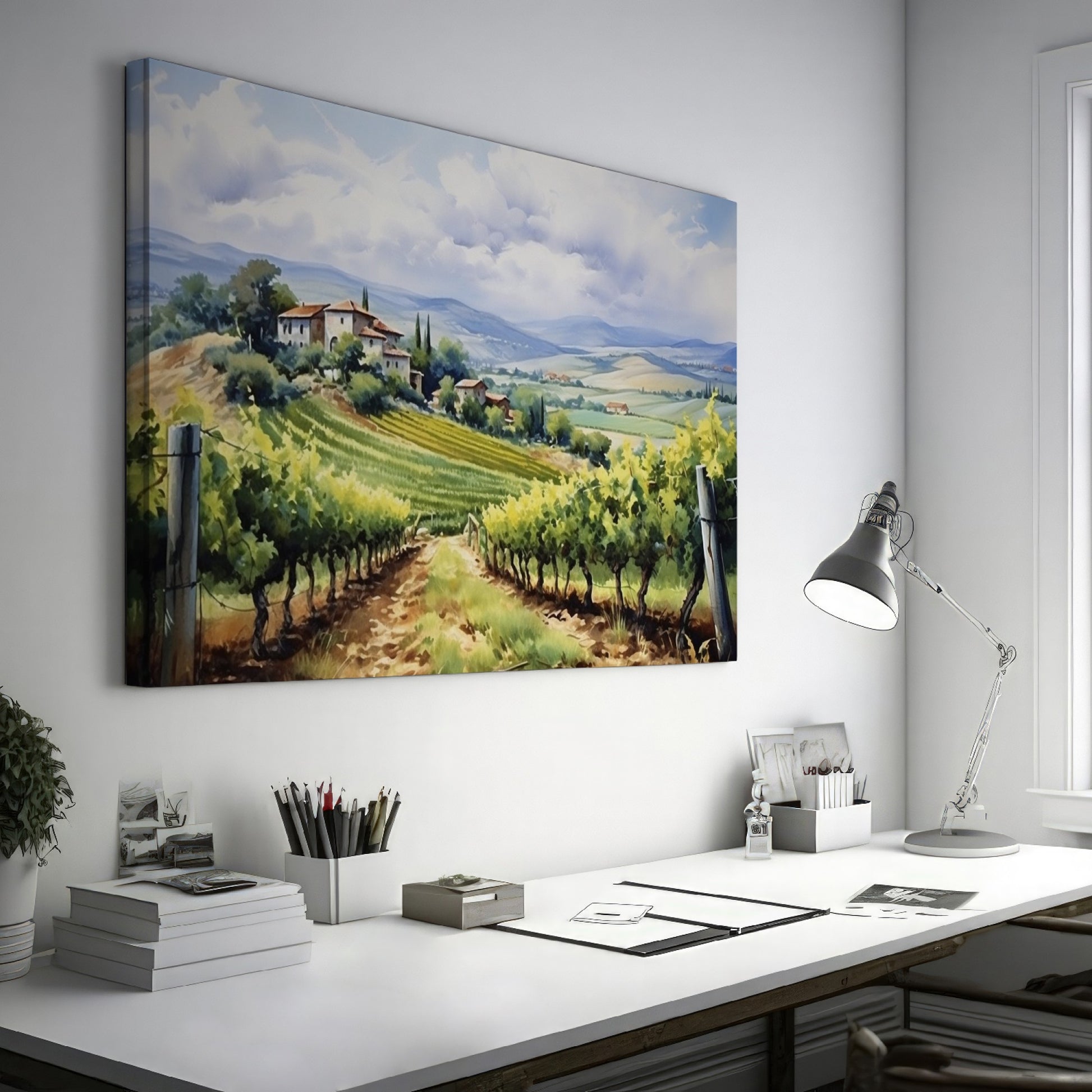 Framed canvas print of a lush Tuscan vineyard landscape with green vine rows and rustic farmhouse