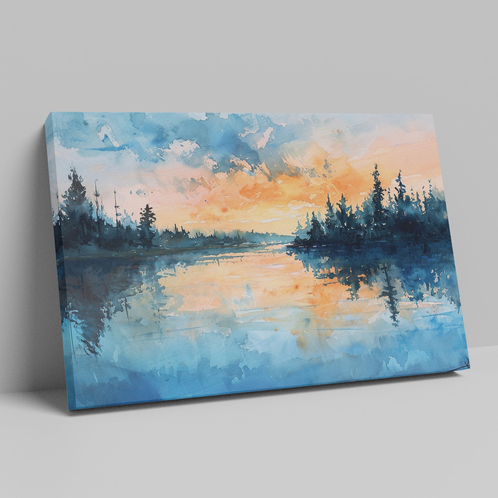 Framed canvas print of a watercolour painting with sunset over a lake and forest silhouette