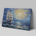 Framed canvas print of a historic sailing ship at sunset with a vibrant seascape