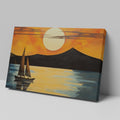 Geometric style painting of a sailboat at sunset with mountains and reflections in the water