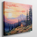 Framed canvas print of a colorful rustic cabin at sunset with vibrant sky and mountain background