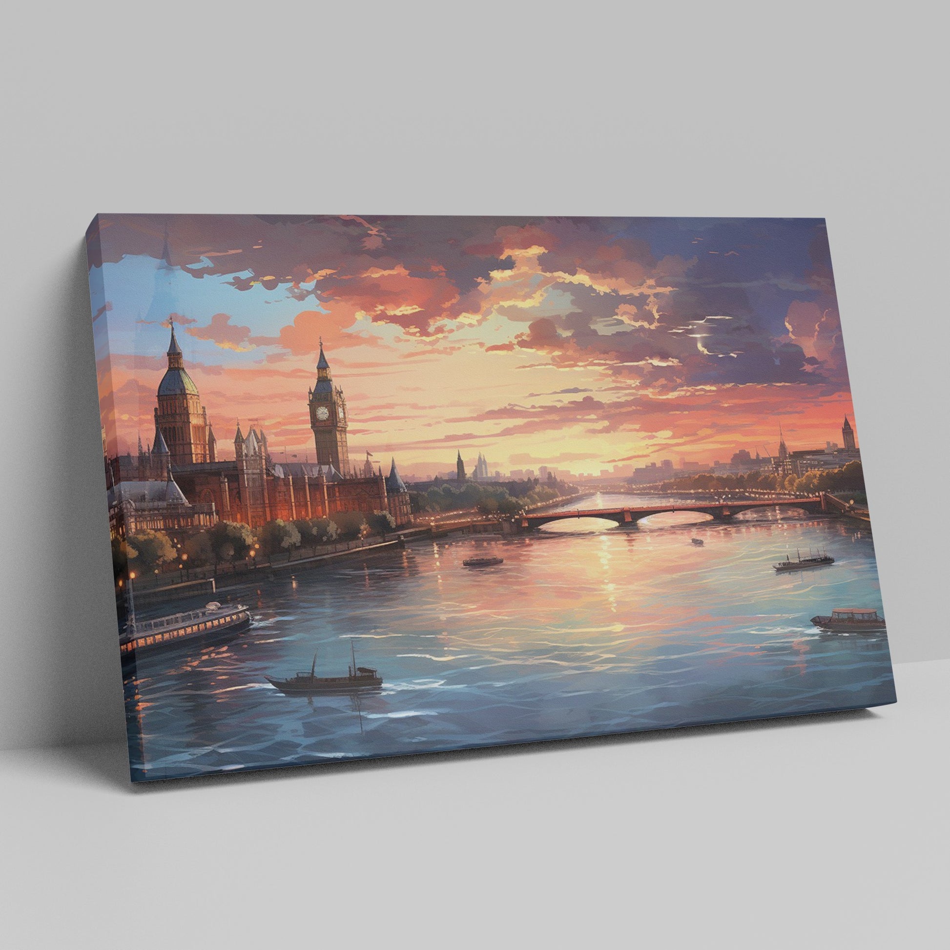 Framed canvas print of a scenic London skyline at sunset with vibrant hues and the River Thames