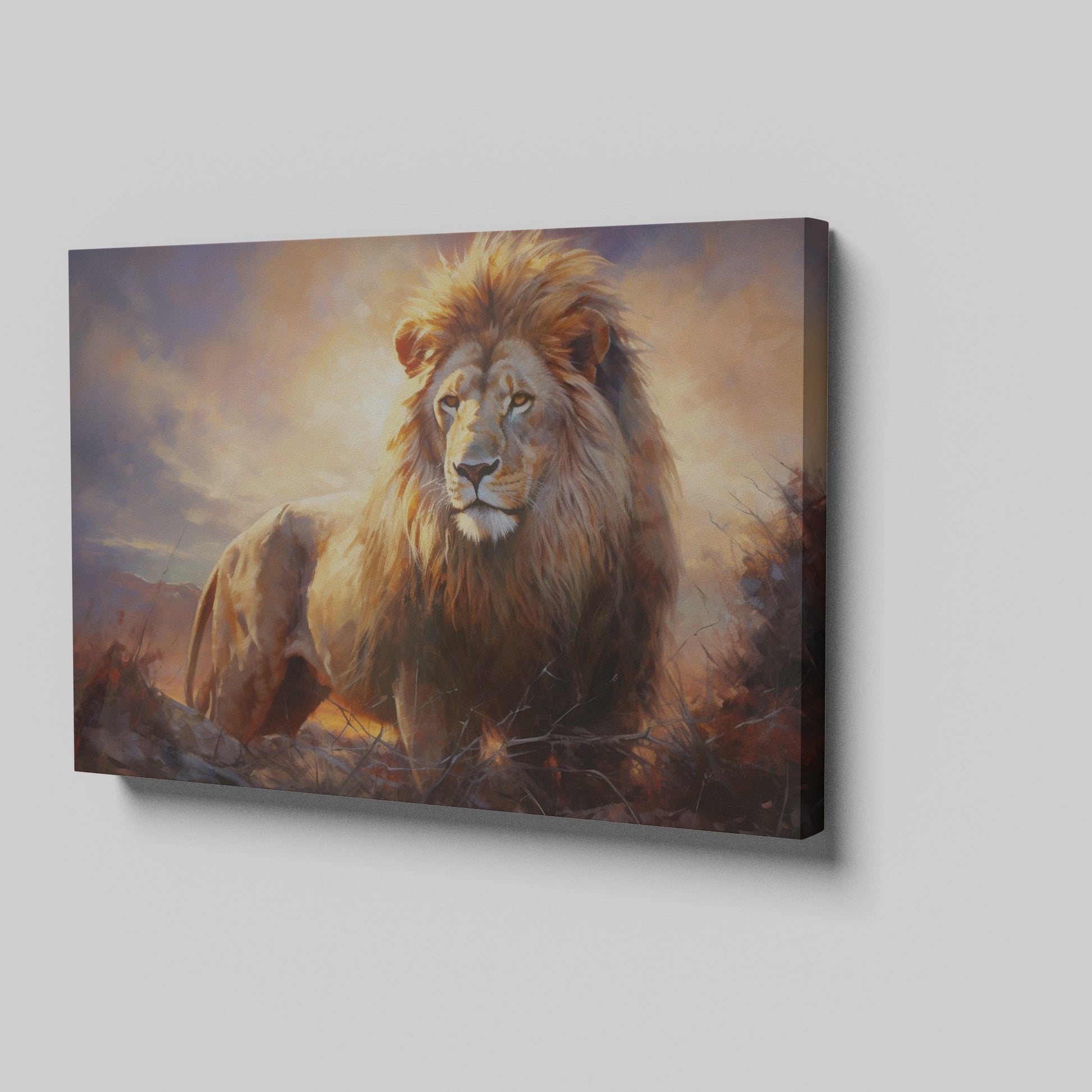 Framed canvas print of a majestic lion against a fiery sunset background