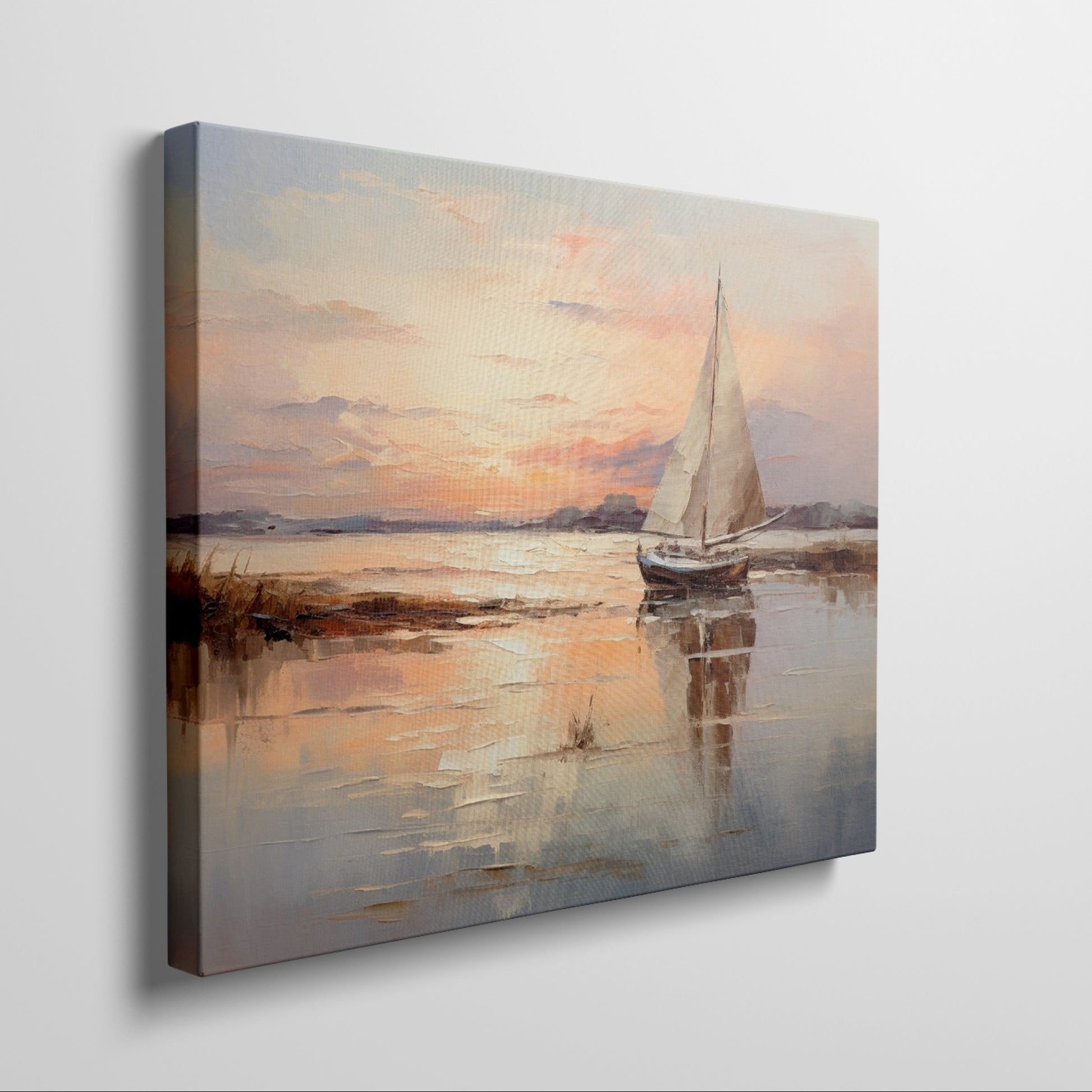 Impressionistic painting of a sailboat on calm waters at sunset with vibrant orange and yellow tones reflecting on the water.