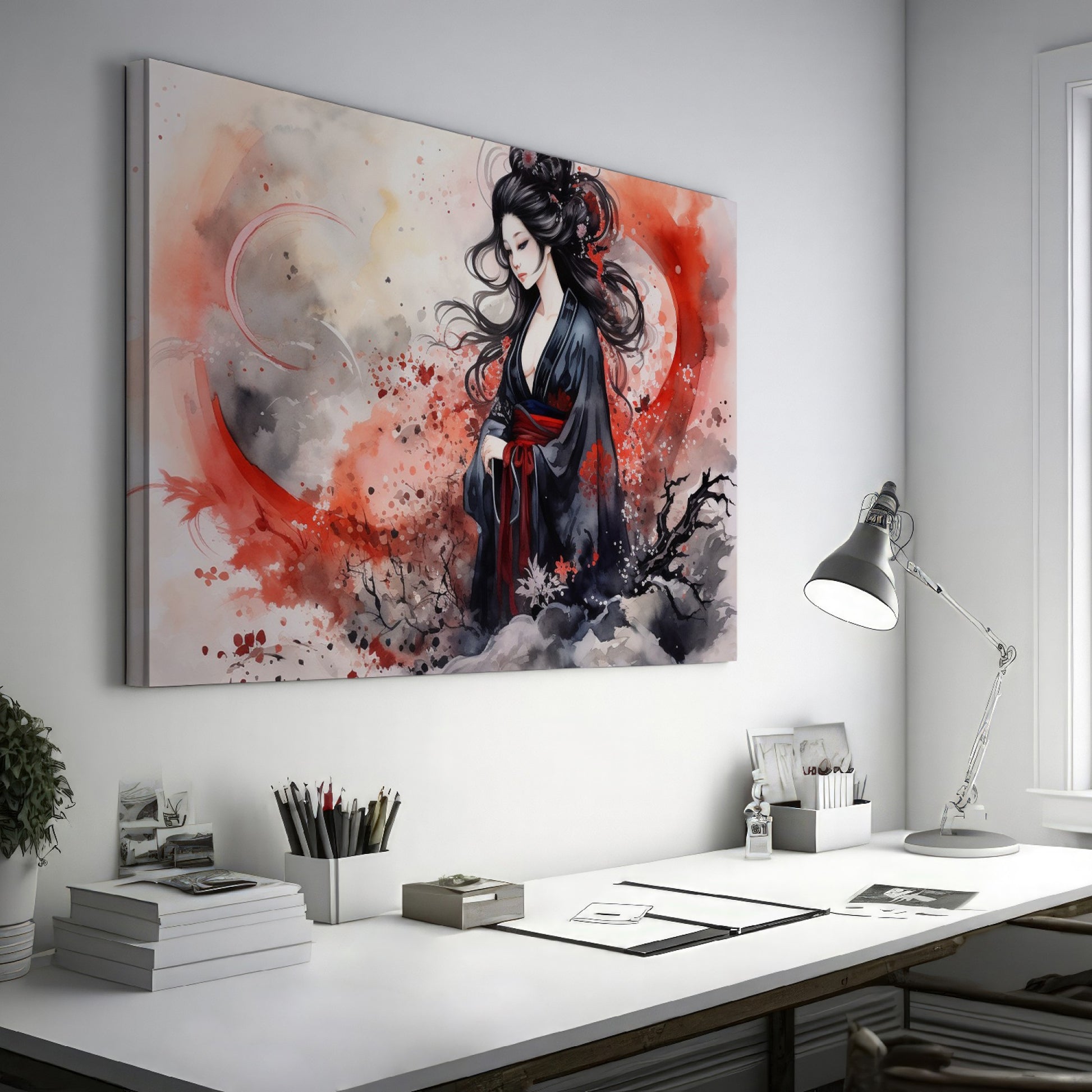 Framed canvas print of a traditional Japanese Geisha in watercolour with a misty backdrop of red and grey