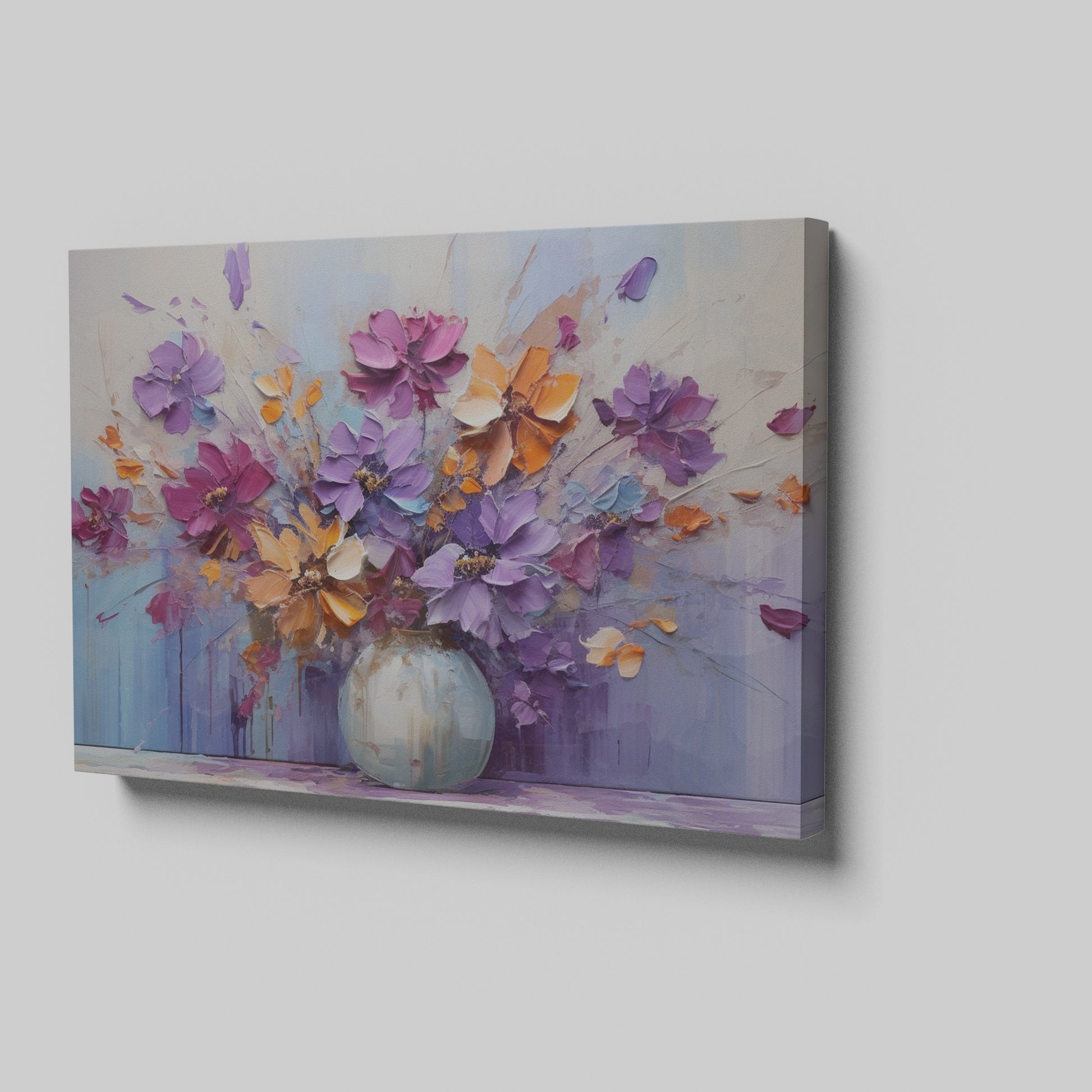 Framed canvas print of a bold textured floral painting with vibrant purple, blue, and orange flowers in an abstract vase