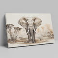 Framed canvas print of a realistic African elephant in a savannah landscape with acacia trees and soft beige tones